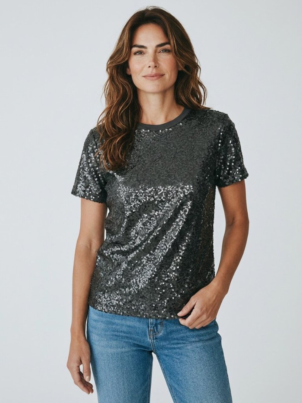 NWT, DKNY Sequin Short-Sleeve T-shirt Top Deep Green Sz Small